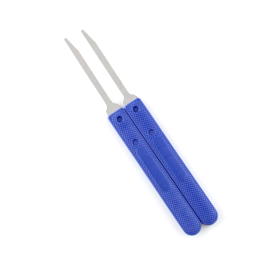 Two miniknife lock picking bypass tools with blue handles on a white background