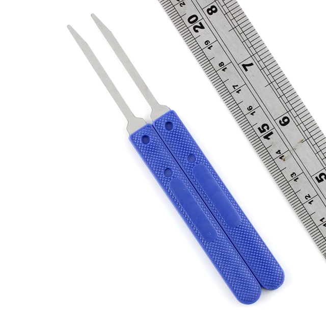 Two blue handled lock picking bypass tools with a ruler for scale on a white background