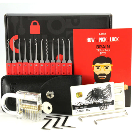 Beginners lock pick set including tools, instruction booklet, practice lock, and carrying case for learning lock picking skills.