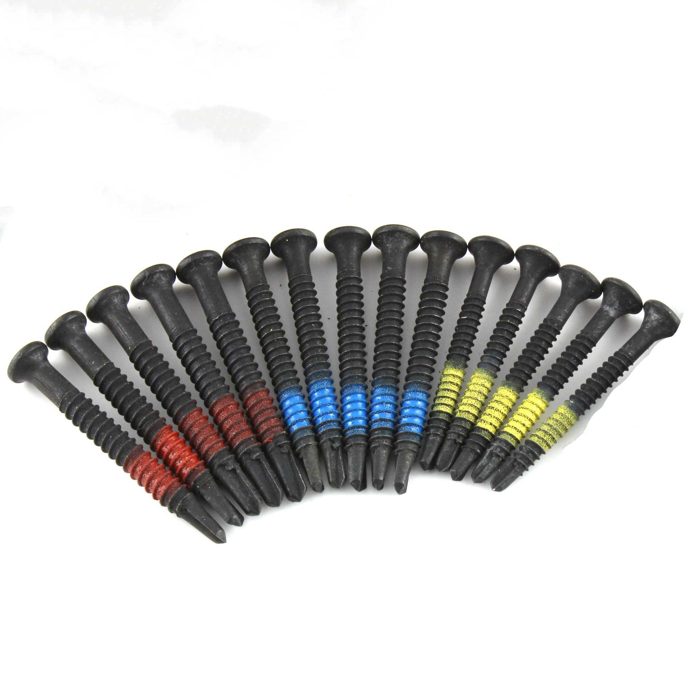 Fifteen Lokko self-tapping plug puller screws fanned out with red, blue, and yellow size bands
