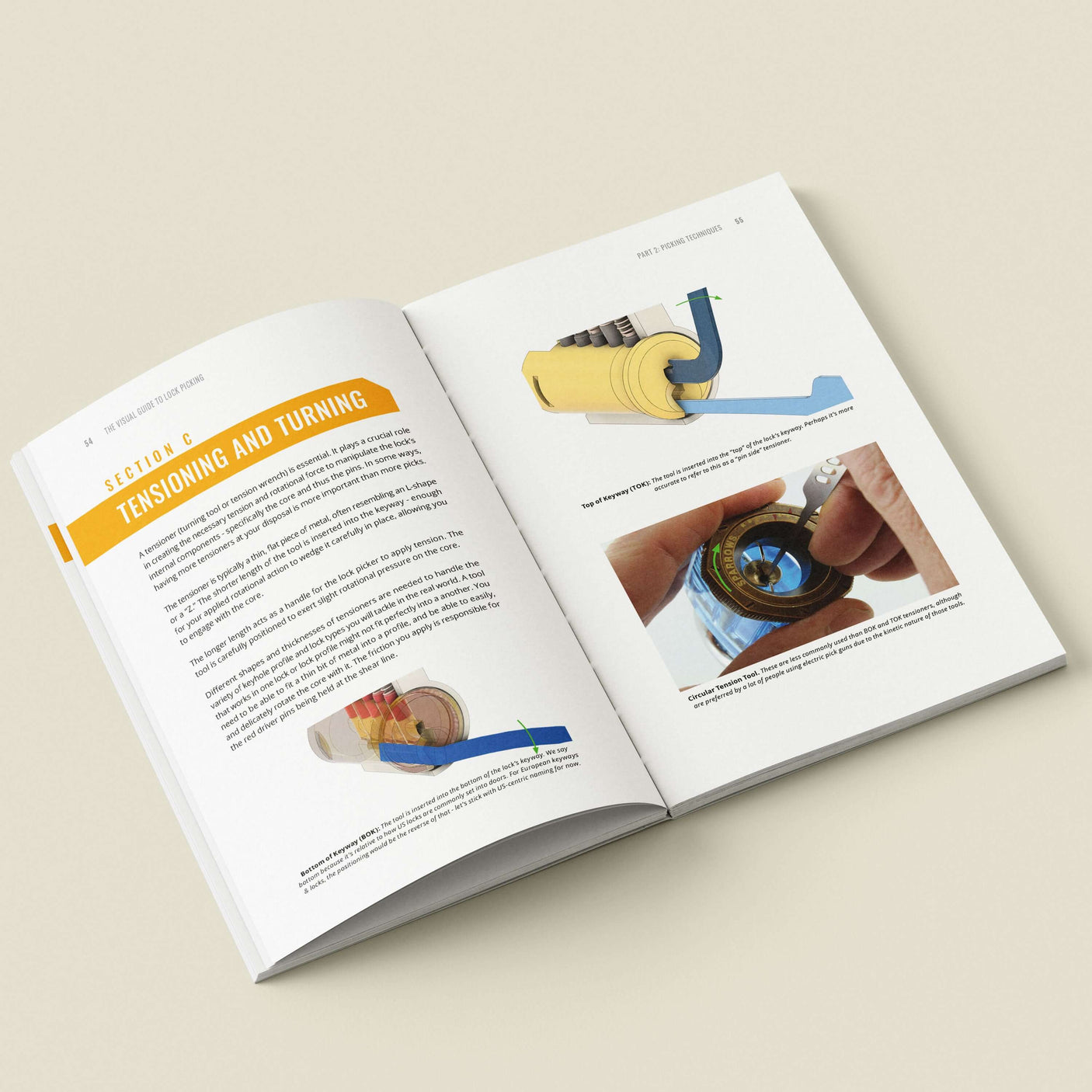 Lock Picking illustrated guide showing tensioning and turning techniques with detailed illustrations and step-by-step instructions.