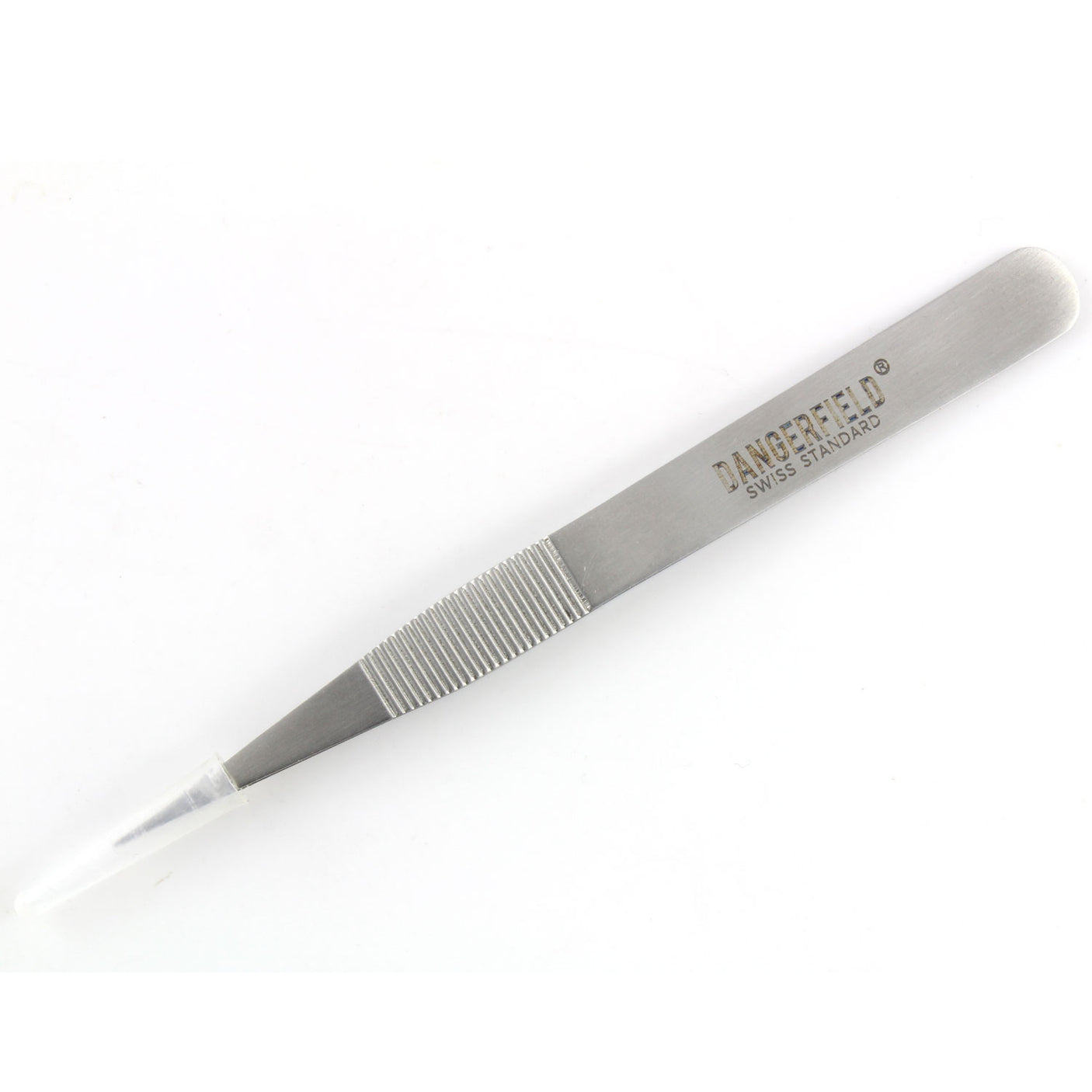 Dangerfield lock repinning tweezers with grooved gripping tips, angled view