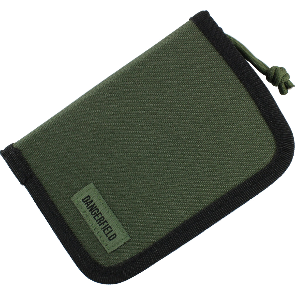 Dangerfield Viper lock pick case closed, olive green fabric with black binding, woven Dangerfield label and a green paracord zip pull