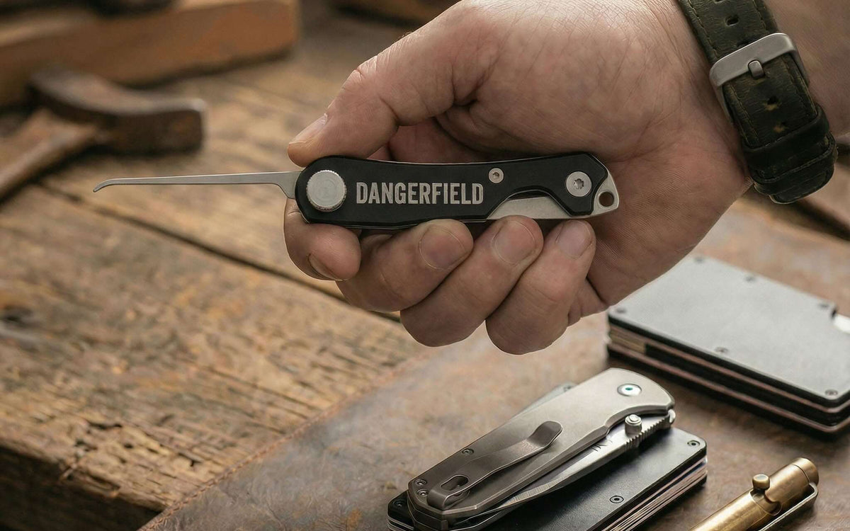 A hand holding the Dangerfield SKELETON multitool with a pick folded out, on a workshop bench