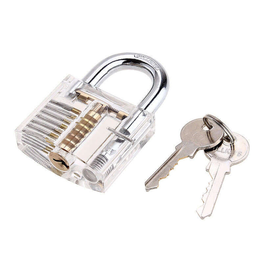 Clear practice padlock with keys displayed