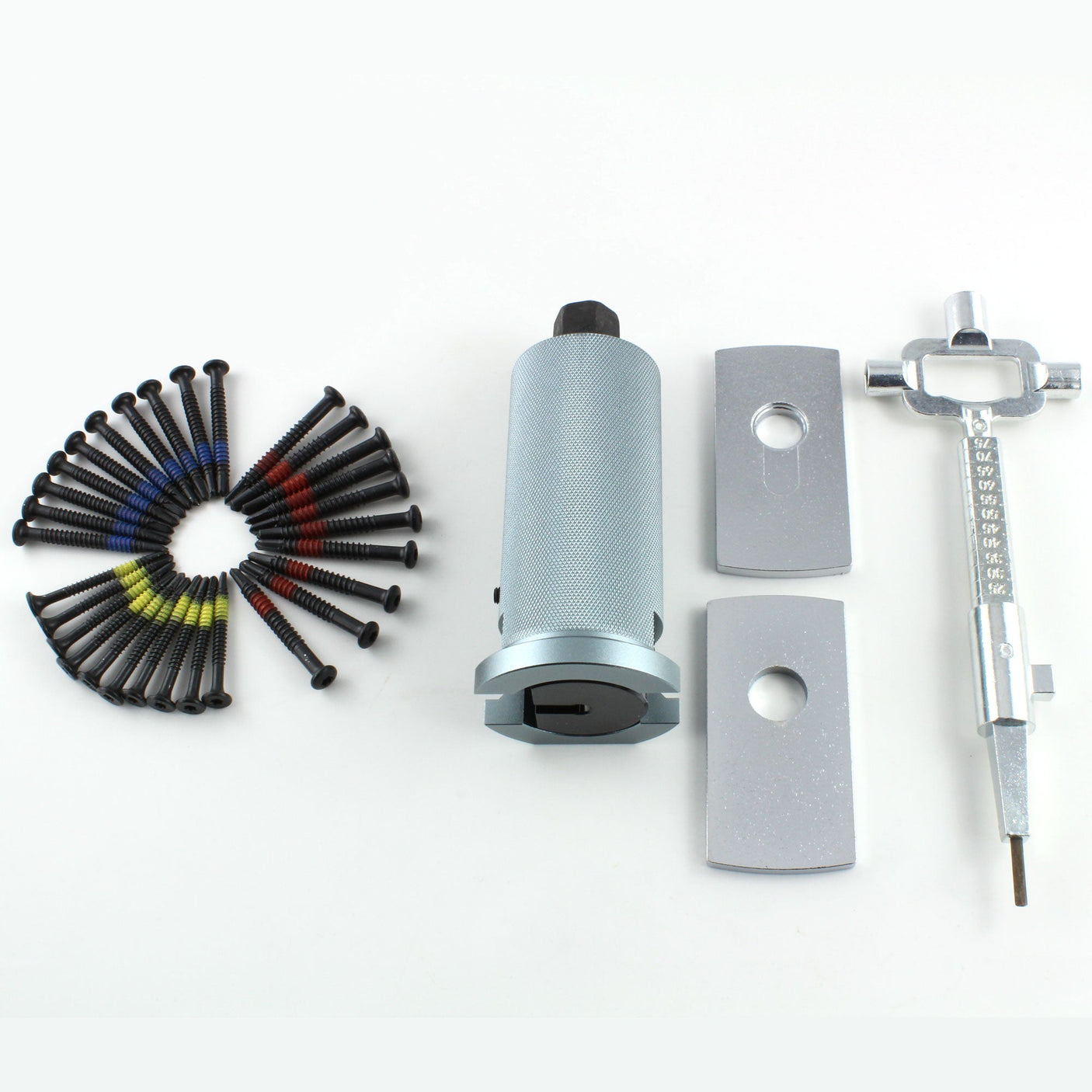Lokko bell plug puller complete set with bell body, two protection plates, self-tapping screws, and cam turner laid out in the case