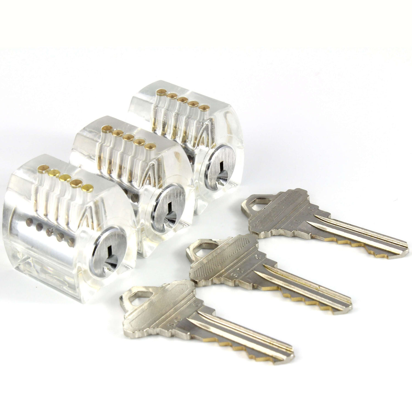 Angled close-up of Dangerfield Eureka clear locks and keys