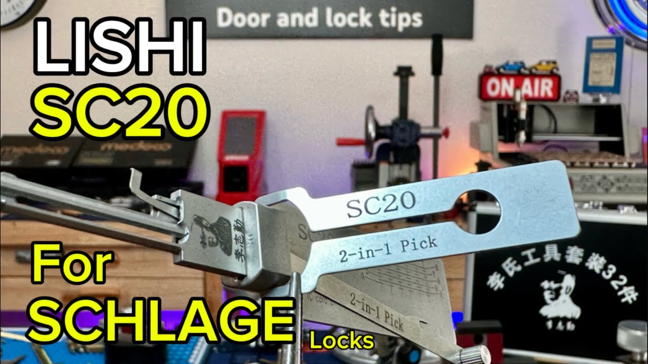 Lishi SC20 Schlage pick engaged with a lock cylinder