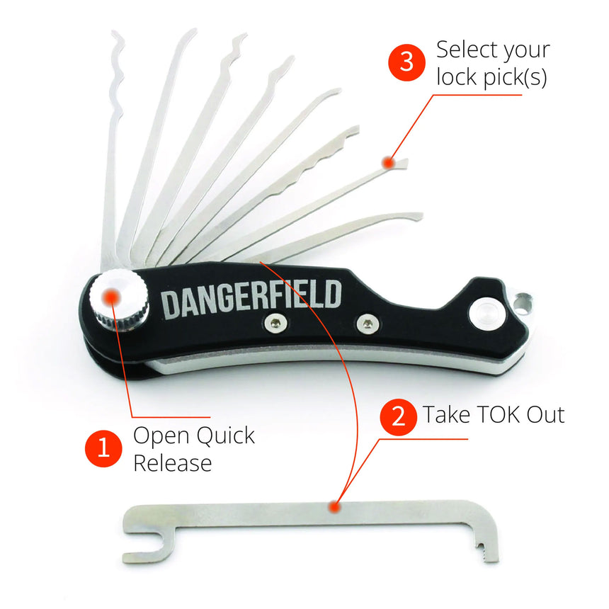 How to use a Dangerfield Skeleton EDC Multi Tool. 8 picks in the tool, they can pivot. Below the black body is the innovative tension wrench