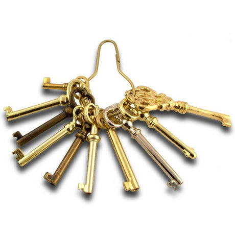 Ten-piece bit and barrel skeleton key set on white background