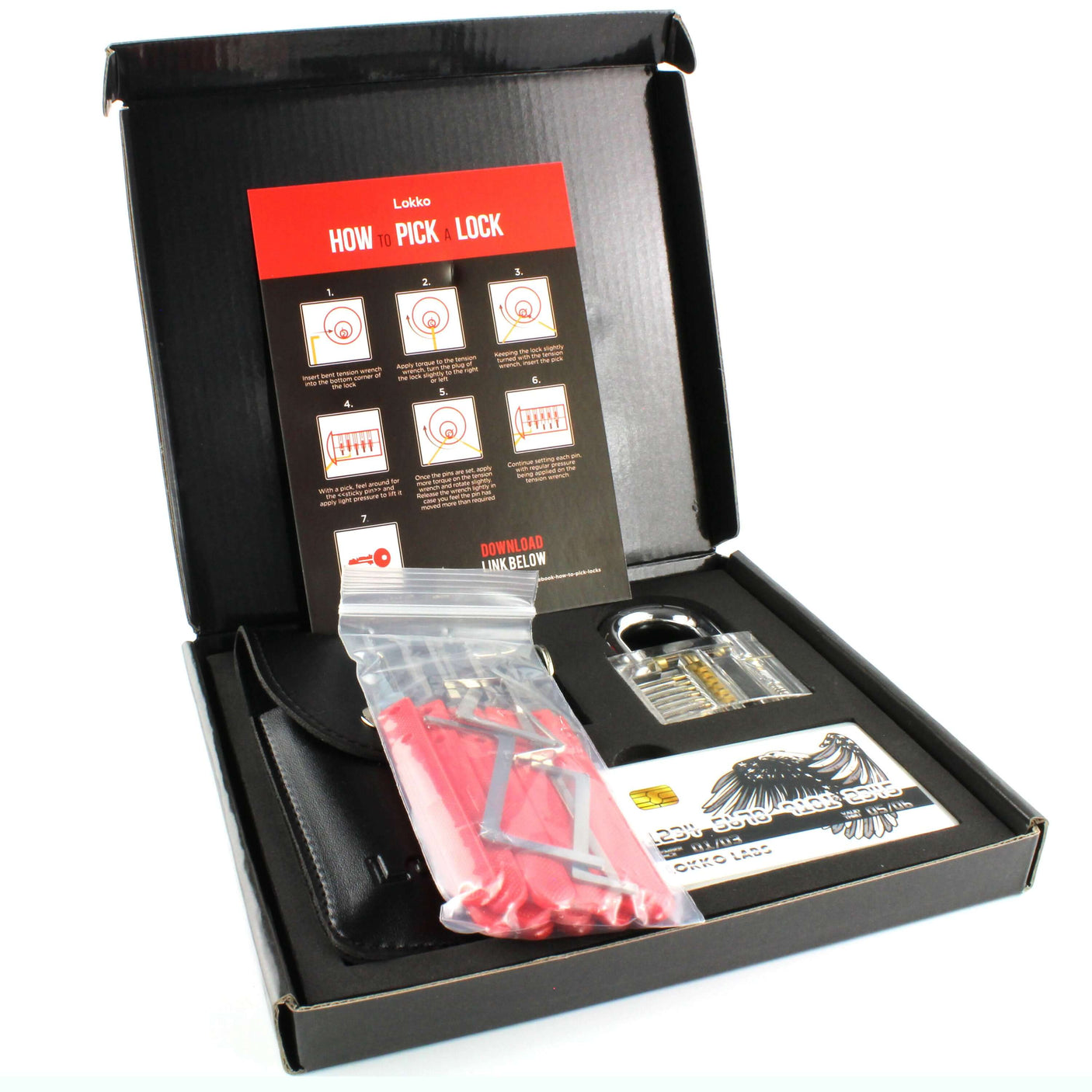 Beginners Lock Pick Set with tools, practice lock, guide inside a compact box for learning lock picking.