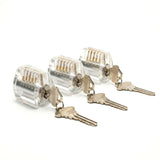 Practice locks set featuring three clear locks and keys for training in lock picking.