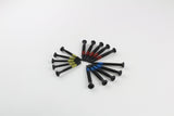 Close grouping of Lokko plug puller screws sorted by colour on a white surface