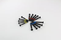 Close grouping of Lokko plug puller screws sorted by colour on a white surface