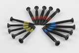Lokko extraction screws fanned together with red, blue, and yellow size bands visible