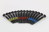 Row of fifteen Lokko extraction screws showing countersunk heads and self-tapping points by colour group