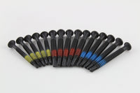 Row of fifteen Lokko extraction screws showing countersunk heads and self-tapping points by colour group