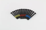 Fan of Lokko self-tapping screws grouped by yellow, red, and blue thread bands