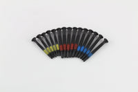 Fan of Lokko self-tapping screws grouped by yellow, red, and blue thread bands