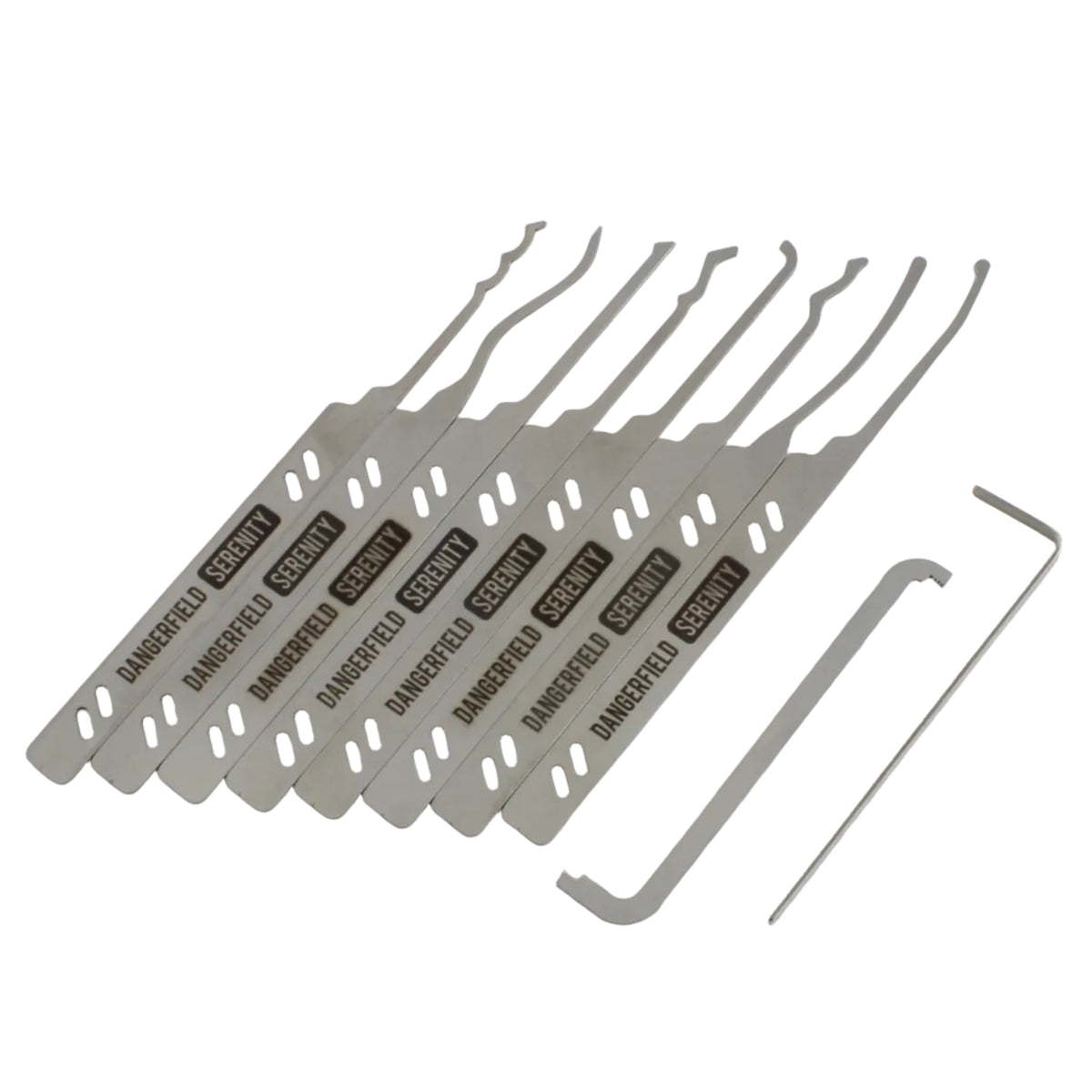 A set of nine silver metal lock pick tools with black printed text, arranged next to a small hex key on a plain white background.