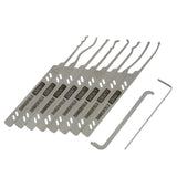 A set of nine silver metal lock pick tools with black printed text, arranged next to a small hex key on a plain white background.
