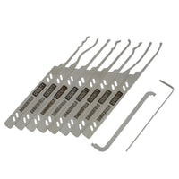 A set of nine silver metal lock pick tools with black printed text, arranged next to a small hex key on a plain white background.