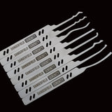 Six white metal lock pick tools with black text reading 'DANGERFIELD SECURITY' and diagonal black dash patterns, arranged on a dark background.