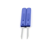 Two blue-handled lock bypass tools on a white background