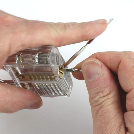 Dangerfield Bogota rakes demonstrated in a clear practice padlock