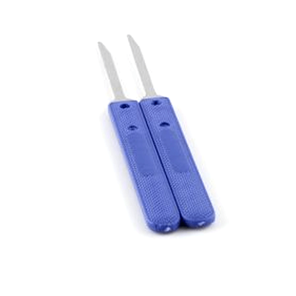 Two blue-handled lock picking bypass knives with metal blades on a white background
