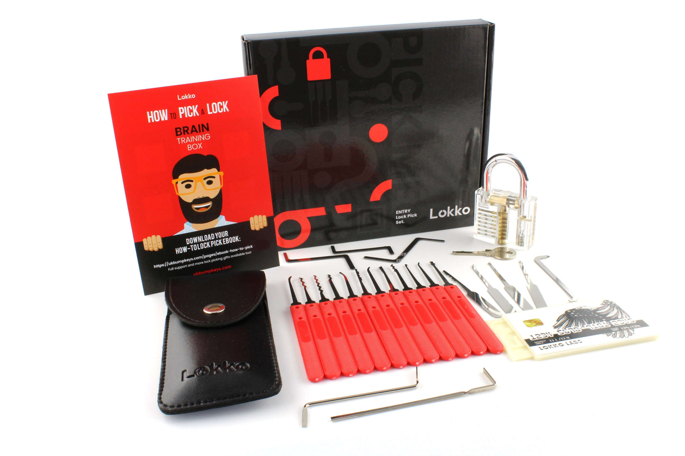Beginners lock pick set with instructional guide, tools, and practice lock for learning lock picking techniques.