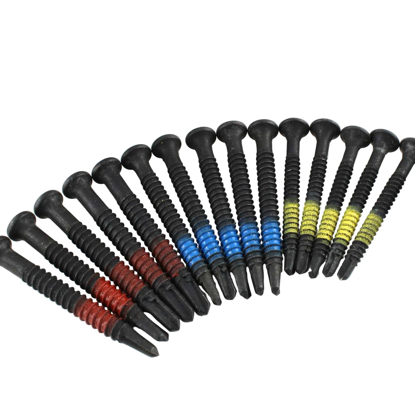 Lokko plug puller extraction screws arranged in a fan, sorted by red, blue, and yellow size markings