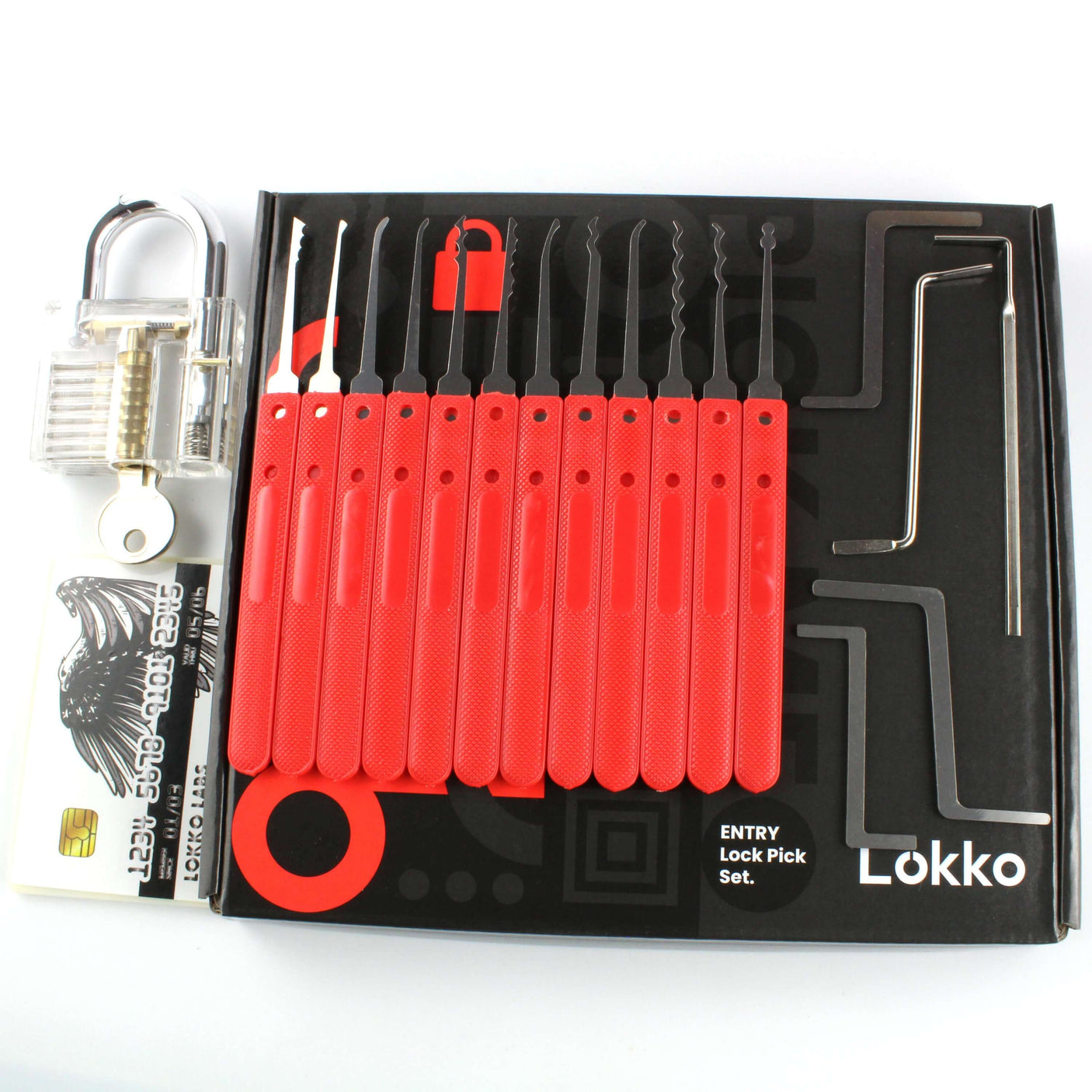 Beginners lock pick set including red tactile lock picks, practice lock, key, and instructional card for novice locksmiths.
