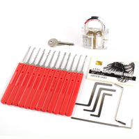 Beginners lock pick set including red tactile lock picks, practice lock, key, and instructional card for novice locksmiths.