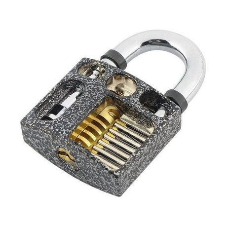 Cutaway practice padlock with keys and exposed mechanism