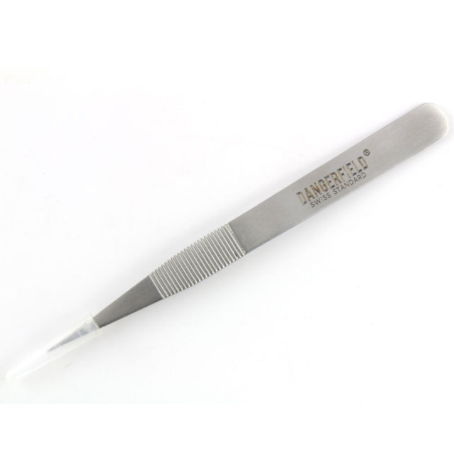 Dangerfield lock repinning tweezers with grooved gripping tips, angled view