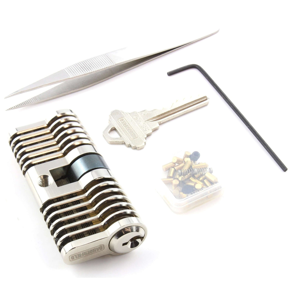 Aluminum cutaway lock with tweezers, key, Allen key and spare pins