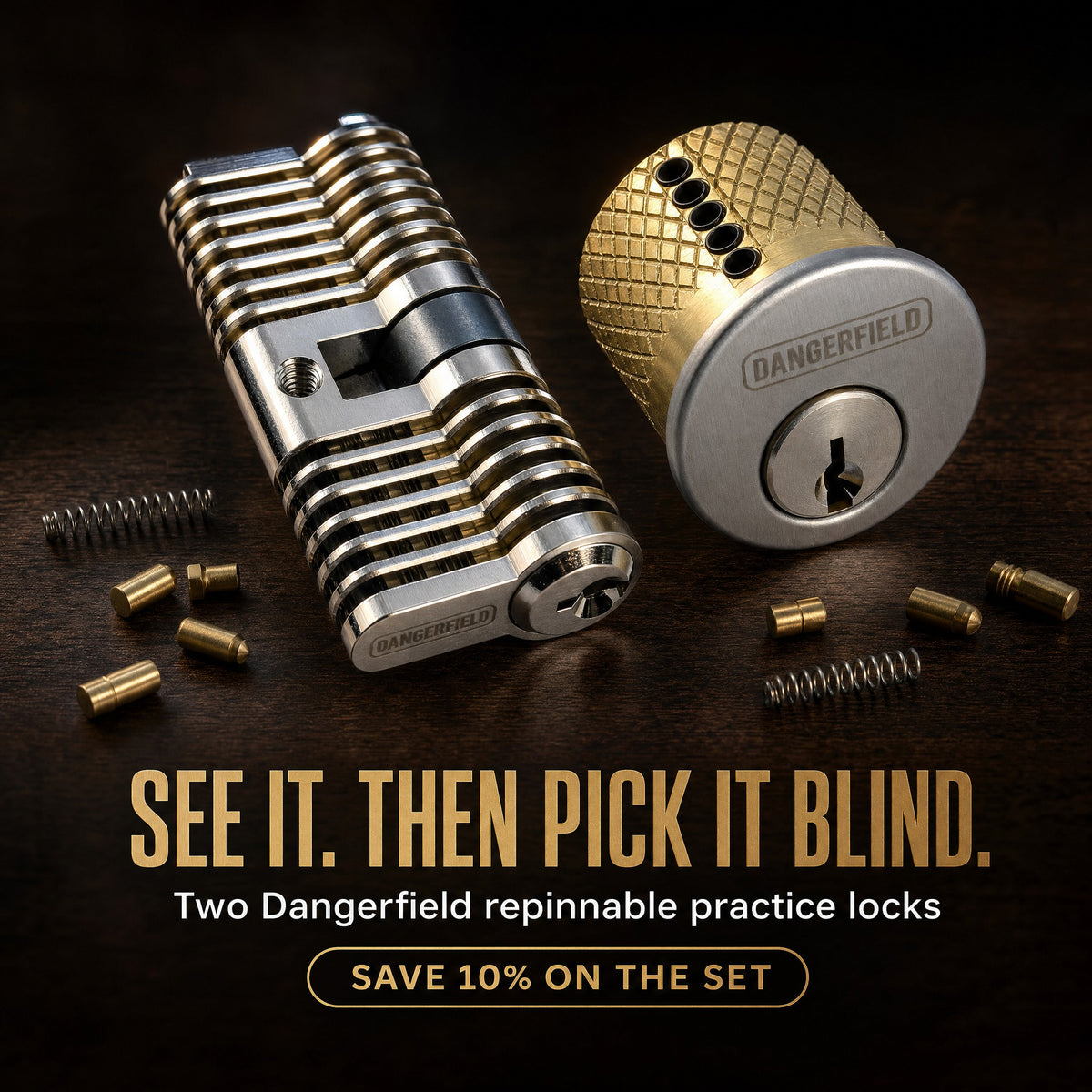 Dangerfield cutaway and mortise practice locks on a workbench: see it, then pick it blind