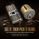 Dangerfield cutaway and mortise practice locks on a workbench: see it, then pick it blind