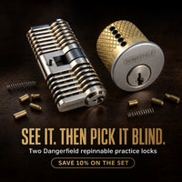 Dangerfield cutaway and mortise practice locks on a workbench: see it, then pick it blind