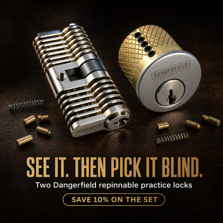 Dangerfield cutaway and mortise practice locks on a workbench: see it, then pick it blind