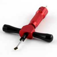 Lokko disc detainer lock pick laid flat showing its full shape and red grip