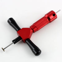 Angled view of the Lokko disc detainer lock pick showing the working tip and red grip handle