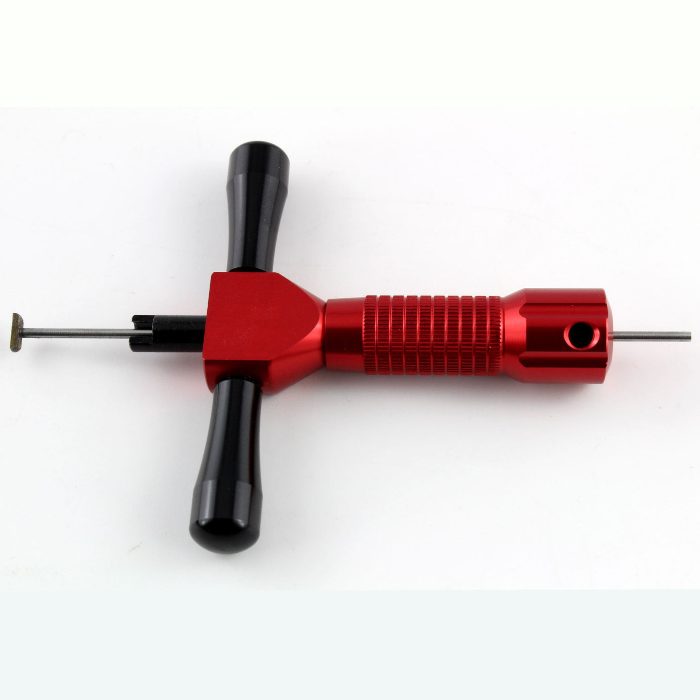 Side profile of the Lokko disc detainer lock pick showing its full length and red handle