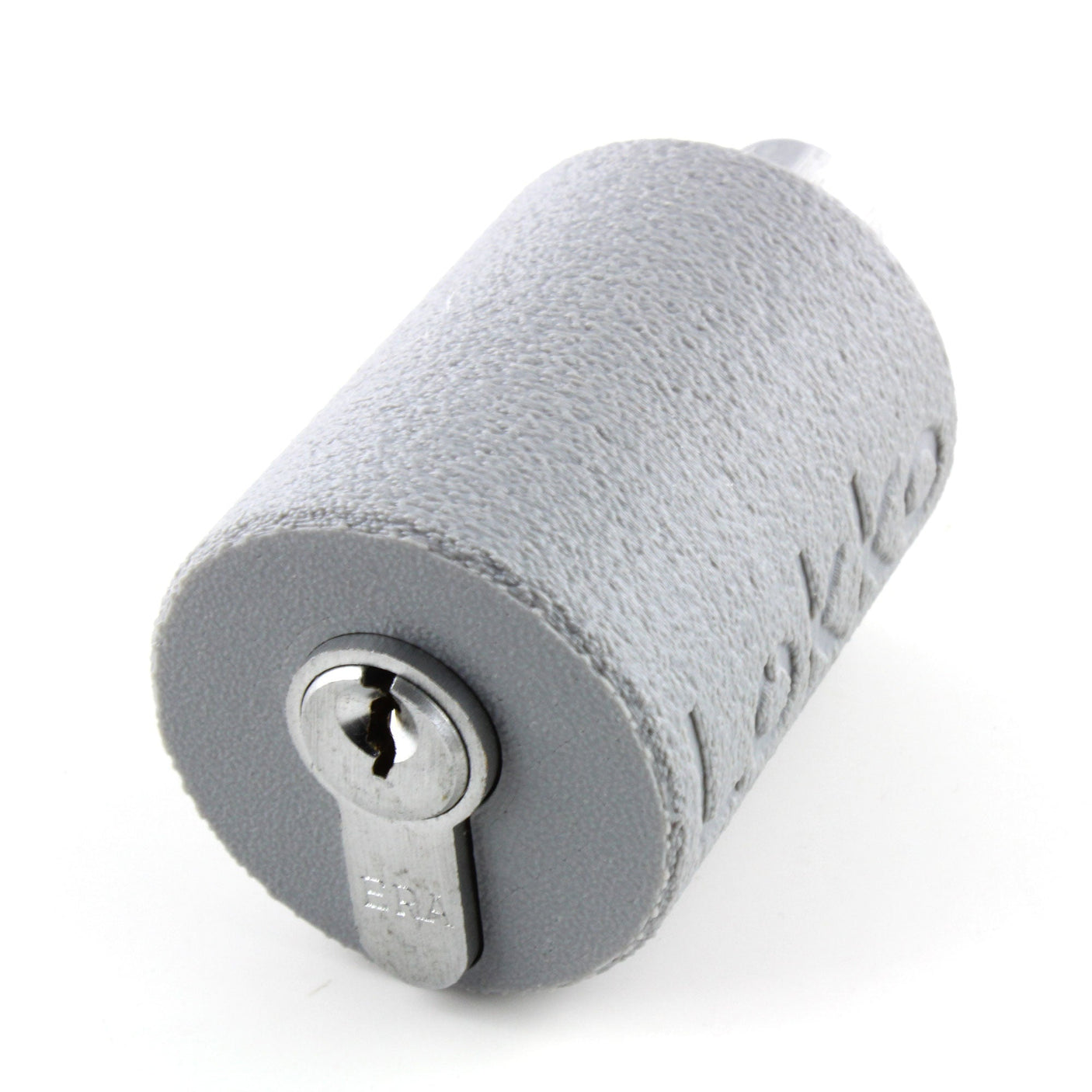 Euro profile cylinder seated inside the Lokko hand support with the silver keyway face exposed and ready to pick