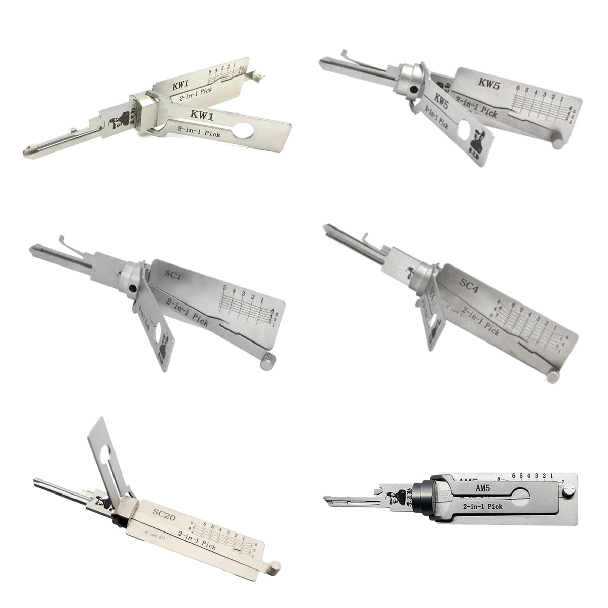 Lishi Residential 6-Pack: KW1, KW5, SC1, SC4, SC20 and AM5 2-in-1 picks laid out together