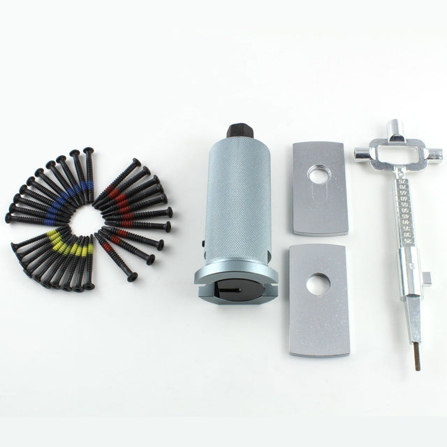 Lokko bell plug puller complete set with bell body, two protection plates, self-tapping screws, and cam turner laid out in the case