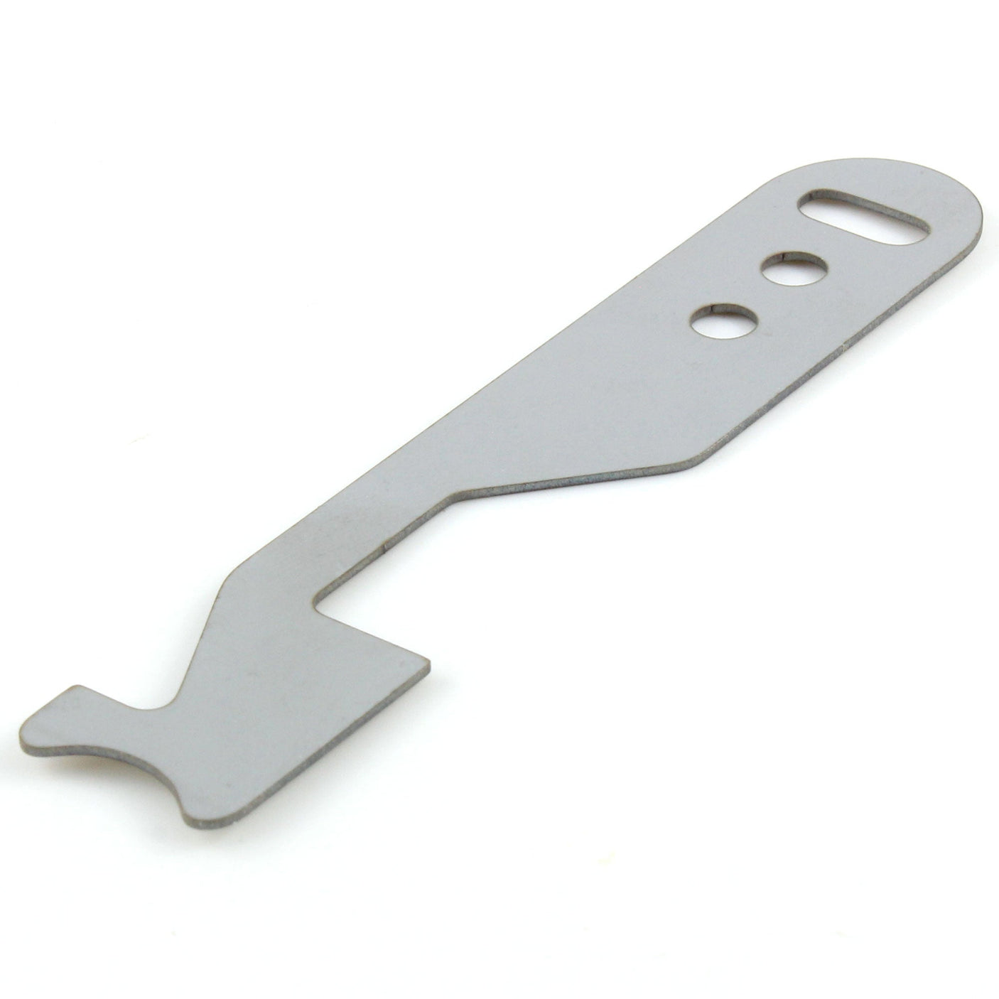 Lokko stainless shove-knife laid flat, showing the keyring slot, two finger holes and the hooked latch-driving tip