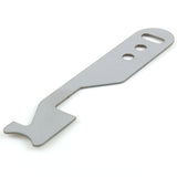 Lokko stainless shove-knife laid flat, showing the keyring slot, two finger holes and the hooked latch-driving tip