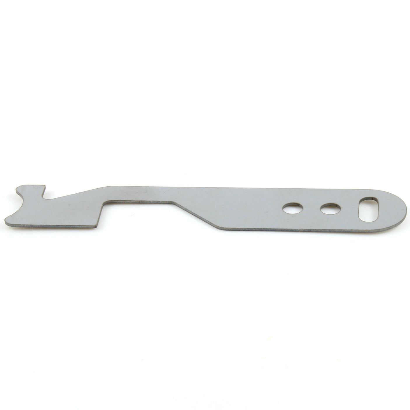Lokko shove-knife angled view, hooked latch-driving tip in the foreground and keyring slot behind